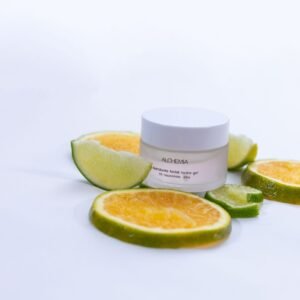 Hydrating facial gel with citrus slices showcasing freshness and skincare benefits.